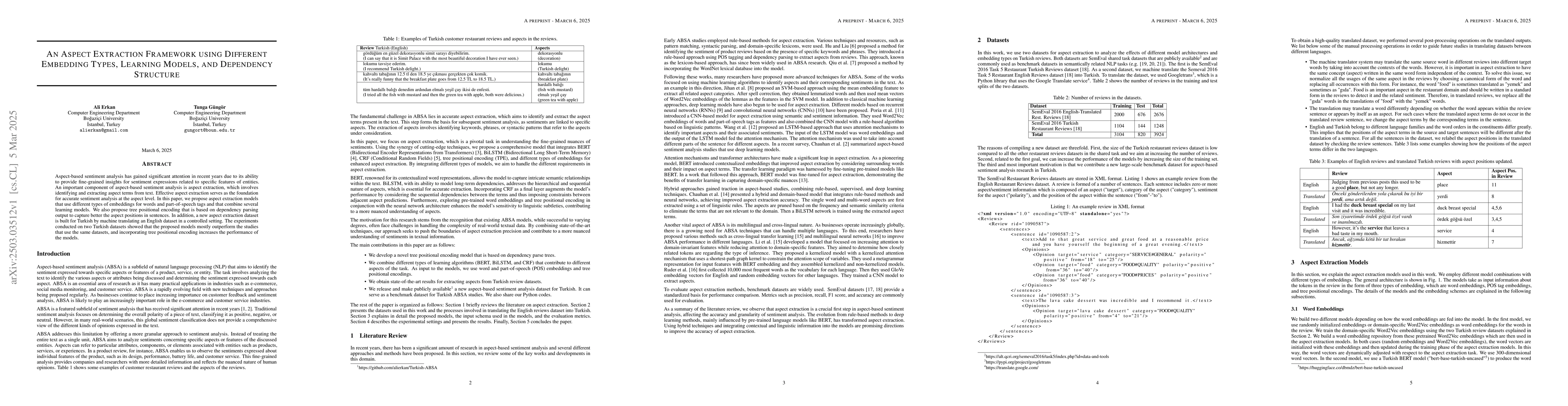 Thumbnail for An Aspect Extraction Framework using Different Embedding Types, Learning
  Models, and Dependency Structure