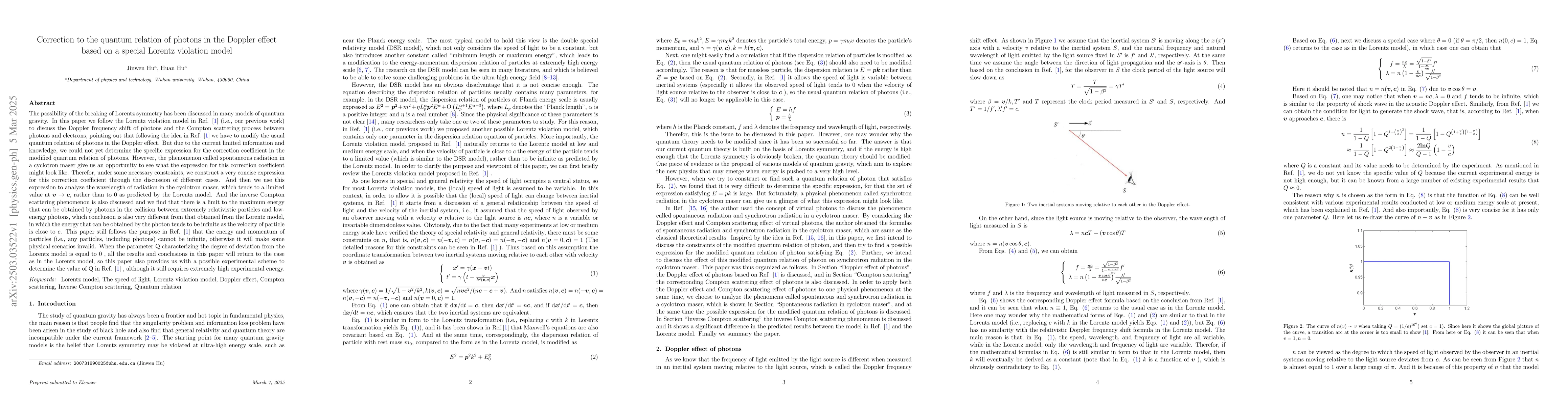 Thumbnail for Correction to the quantum relation of photons in the Doppler effect
  based on a special Lorentz violation model