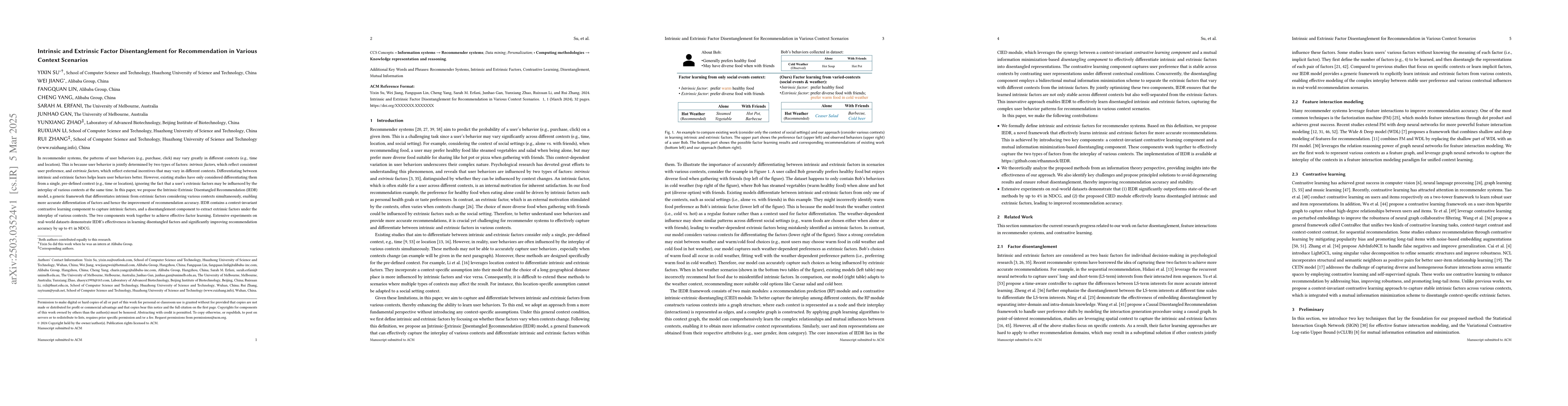 Thumbnail for Intrinsic and Extrinsic Factor Disentanglement for Recommendation in
  Various Context Scenarios