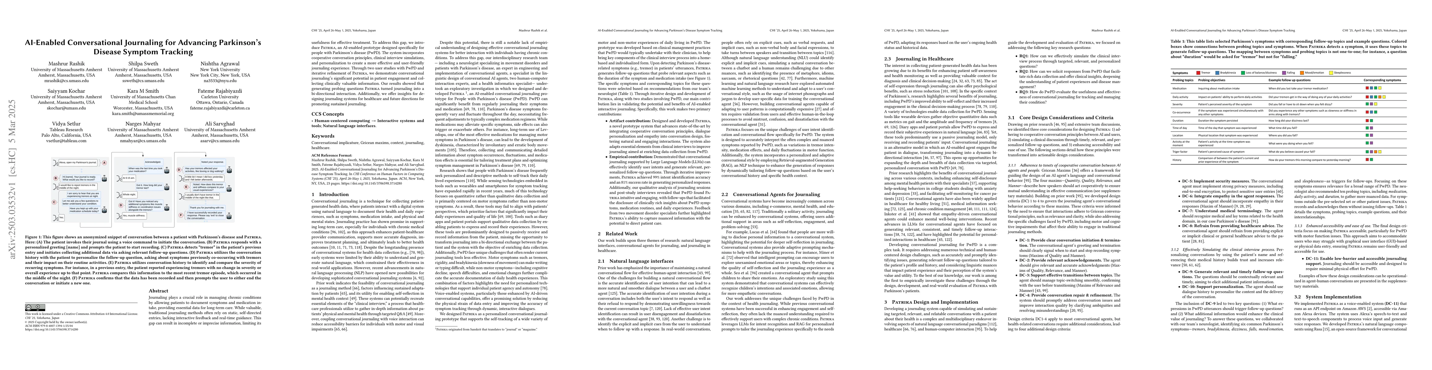 Thumbnail for AI-Enabled Conversational Journaling for Advancing Parkinson's Disease
  Symptom Tracking