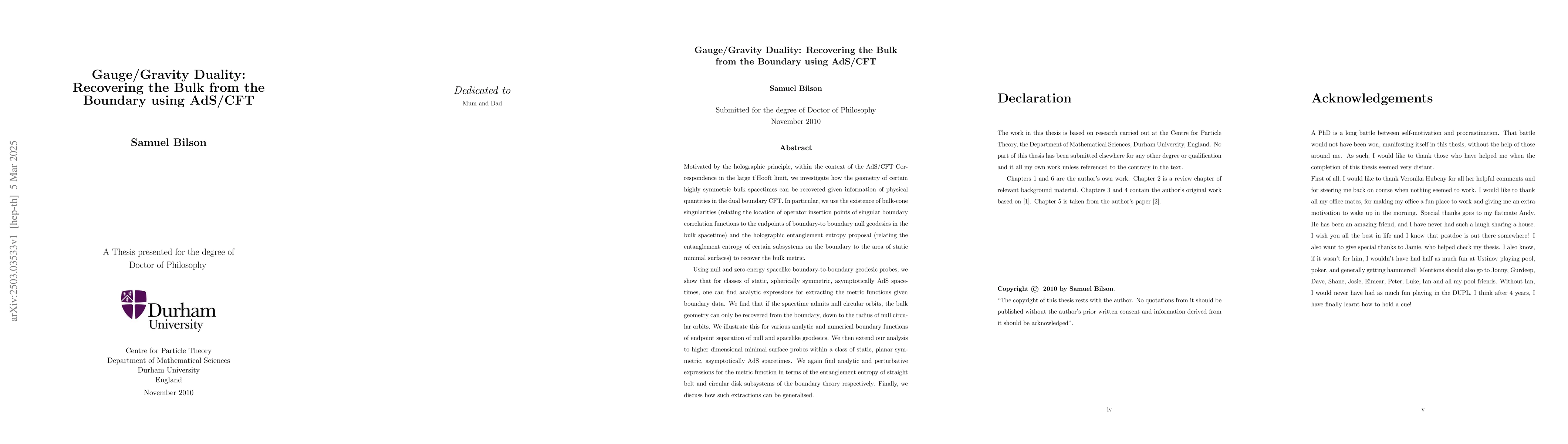 Thumbnail for Gauge/Gravity Duality: Recovering the Bulk from the Boundary using
  AdS/CFT