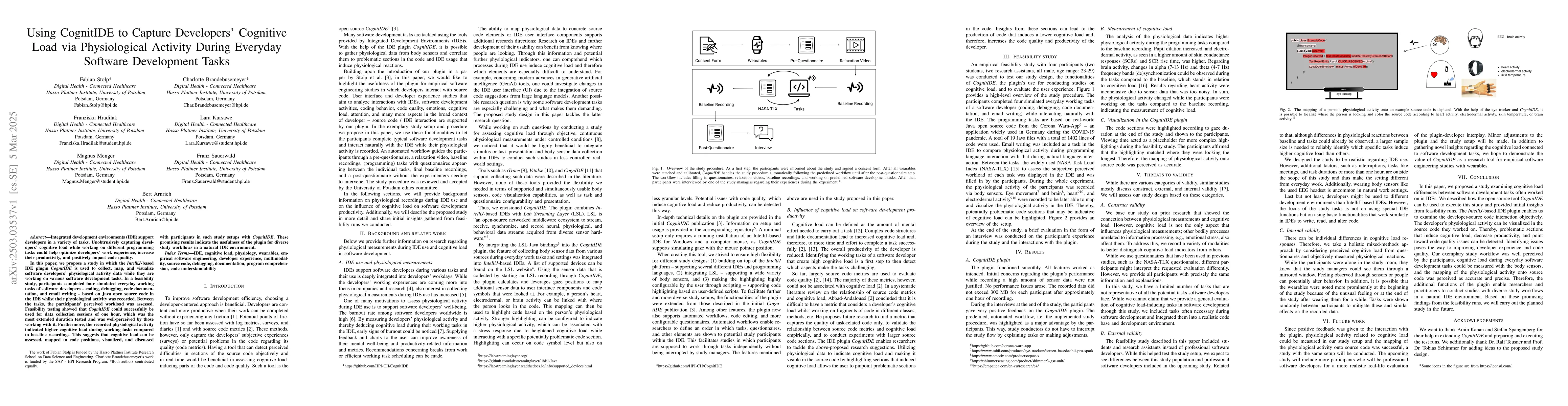 Thumbnail for Using CognitIDE to Capture Developers' Cognitive Load via Physiological
  Activity During Everyday Software Development Tasks