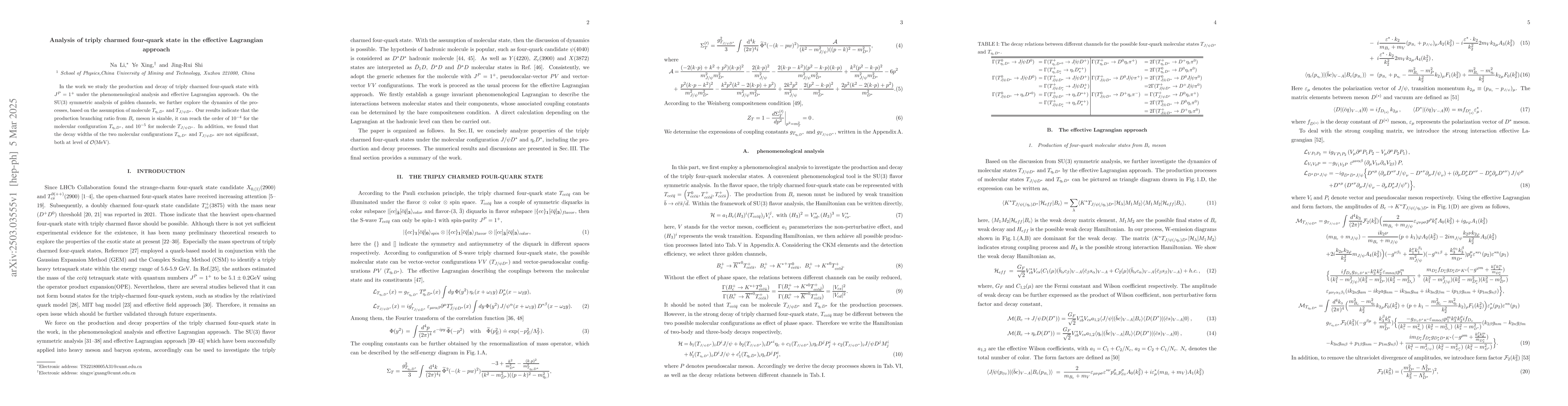 Thumbnail for Analysis of triply charmed four-quark state in the effective Lagrangian
  approach