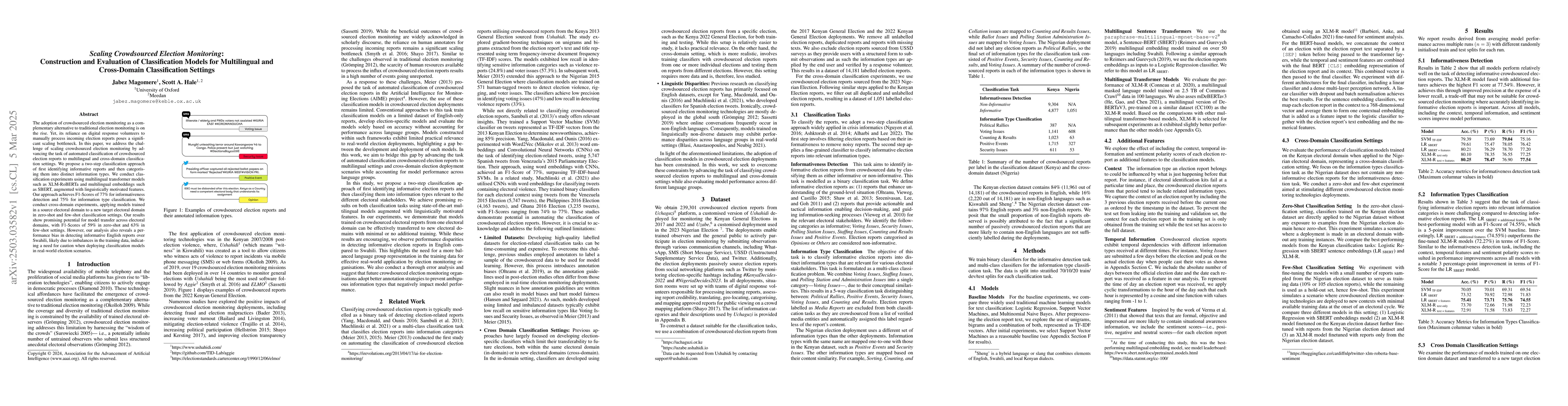 Thumbnail for Scaling Crowdsourced Election Monitoring: Construction and Evaluation of
  Classification Models for Multilingual and Cross-Domain Classification
  Settings