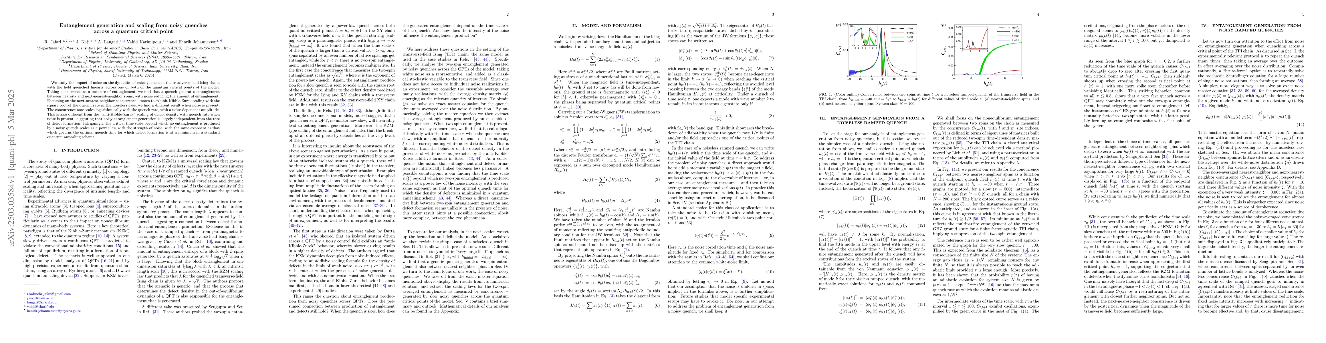 Thumbnail for Entanglement generation and scaling from noisy quenches across a quantum
  critical point