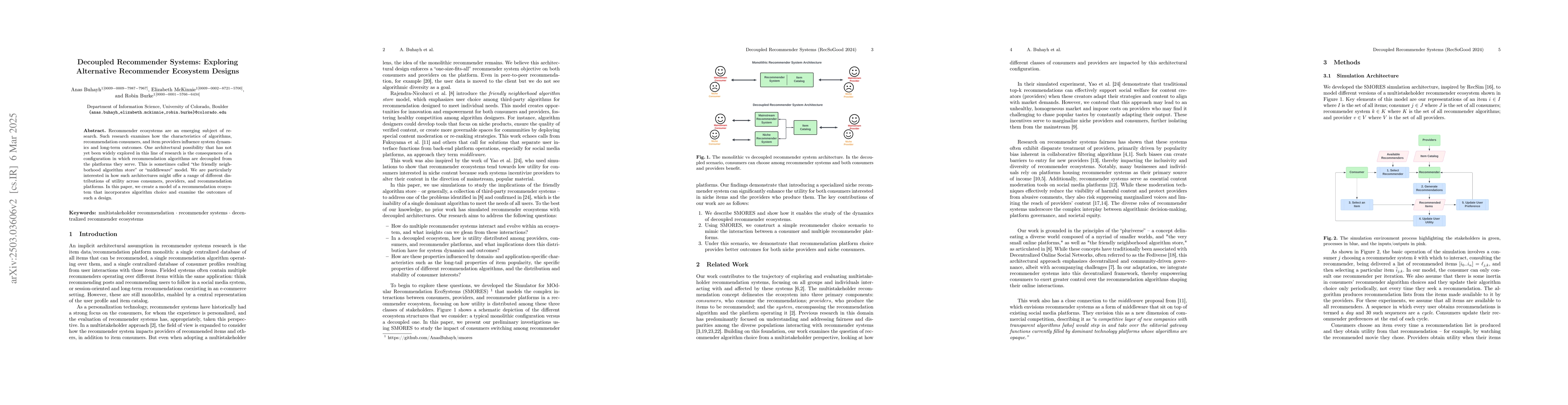 Thumbnail for Decoupled Recommender Systems: Exploring Alternative Recommender
  Ecosystem Designs
