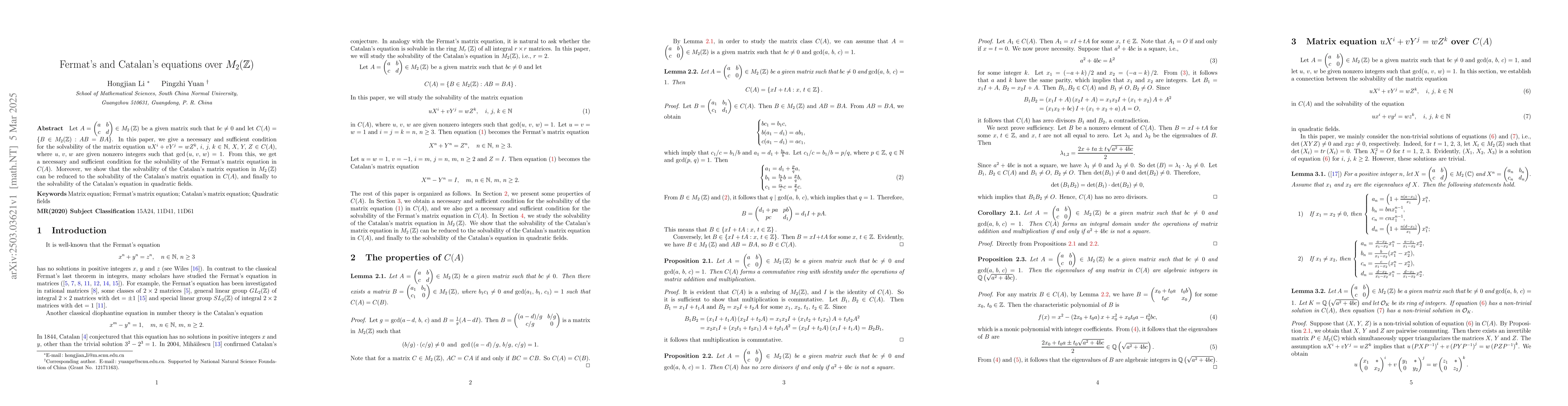 Thumbnail for Fermat's and Catalan's equations over $M_2(\mathbb{Z})$