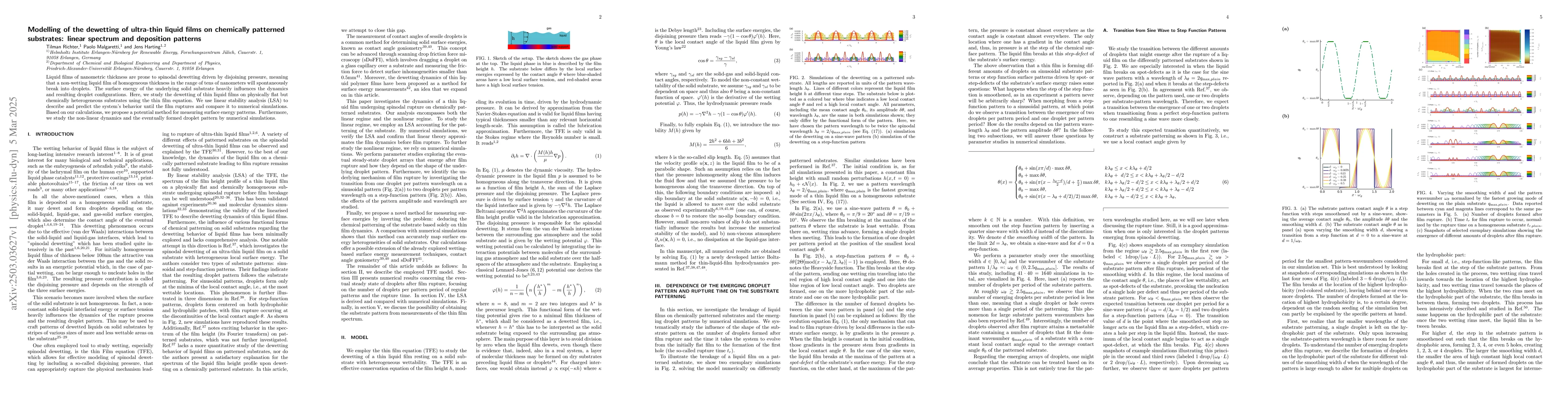 Thumbnail for Modelling of the dewetting of ultra-thin liquid films on chemically
  patterned substrates: linear spectrum and deposition patterns