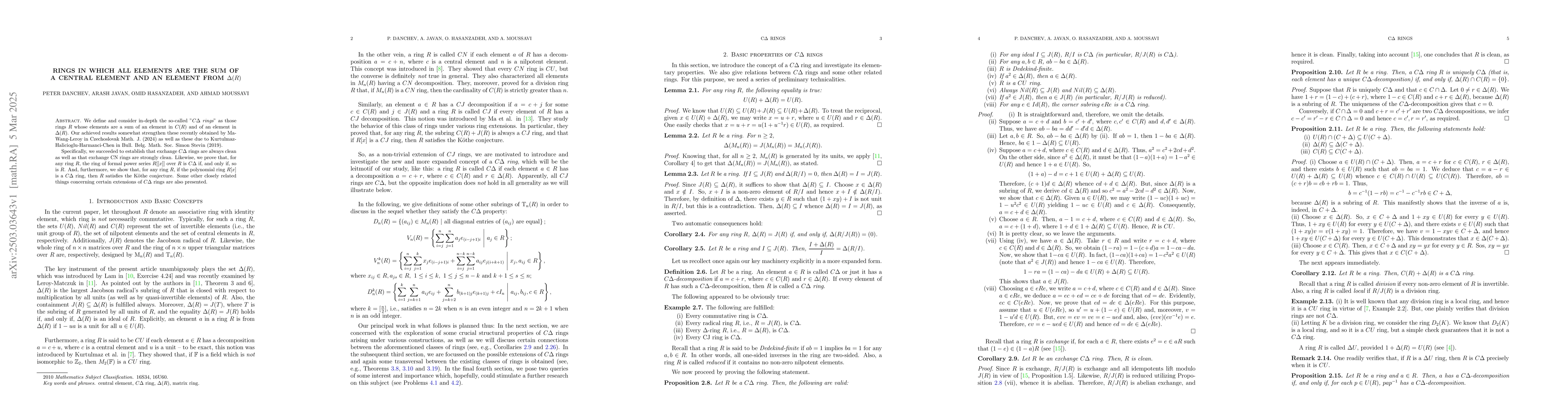 Thumbnail for Rings in which all elements are the sum of a central element and an
  element from $Δ(R)$