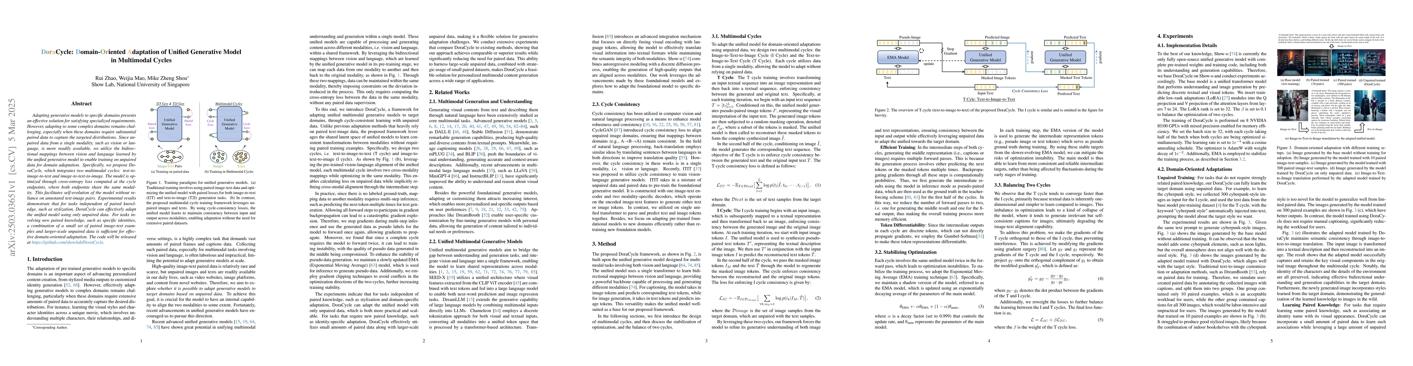 Thumbnail for DoraCycle: Domain-Oriented Adaptation of Unified Generative Model in
  Multimodal Cycles