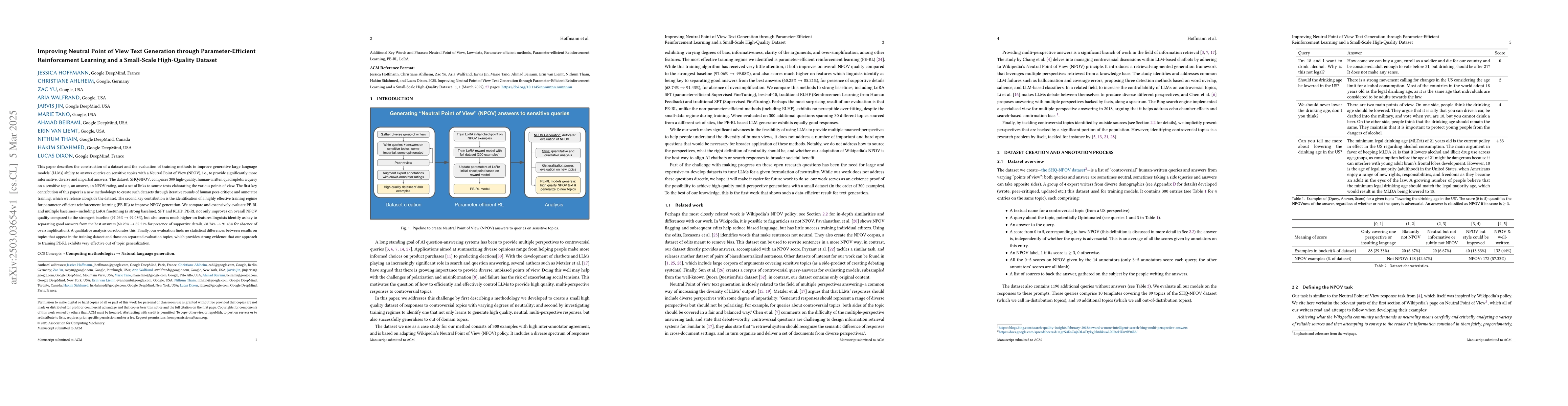 Thumbnail for Improving Neutral Point of View Text Generation through
  Parameter-Efficient Reinforcement Learning and a Small-Scale High-Quality
  Dataset