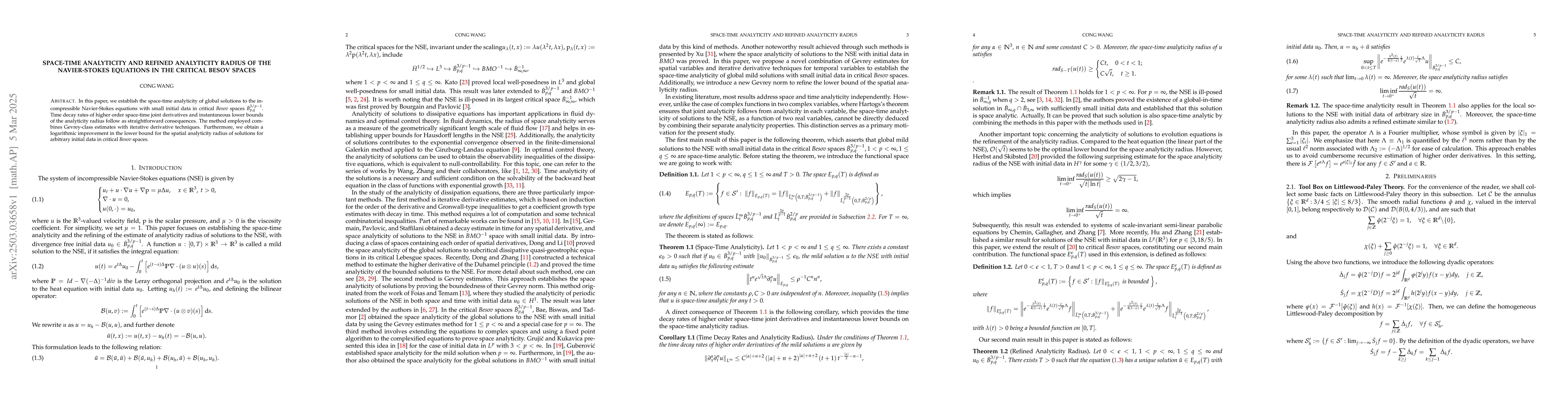 Thumbnail for Space-time analyticity and refined analyticity radius of the
  Navier-Stokes equations in the critical Besov spaces