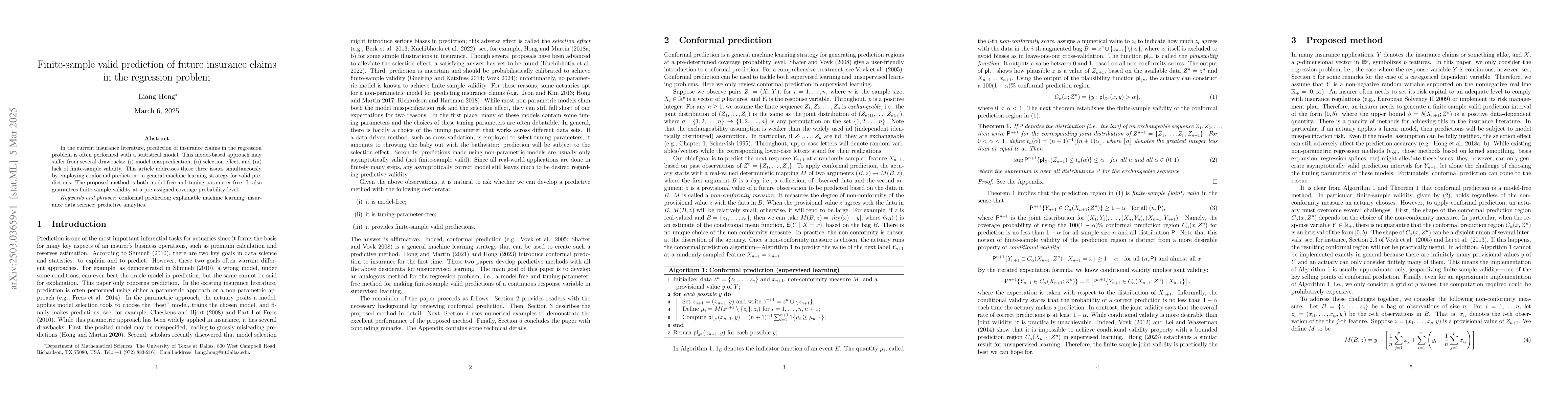 Thumbnail for Finite-sample valid prediction of future insurance claims in the
  regression problem