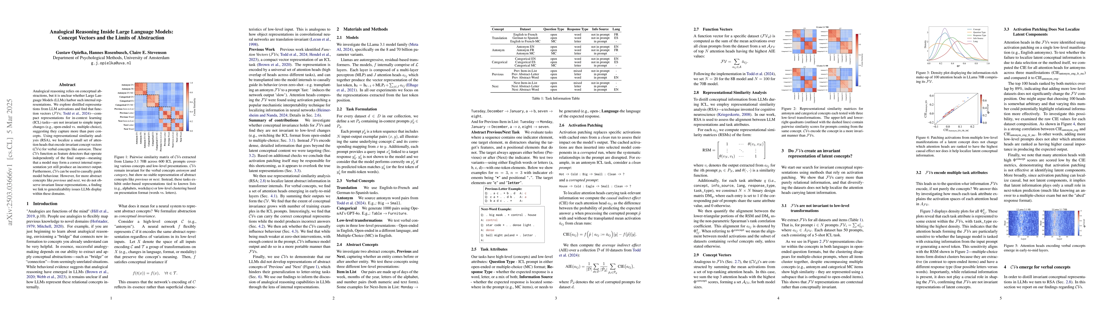 Thumbnail for Analogical Reasoning Inside Large Language Models: Concept Vectors and
  the Limits of Abstraction