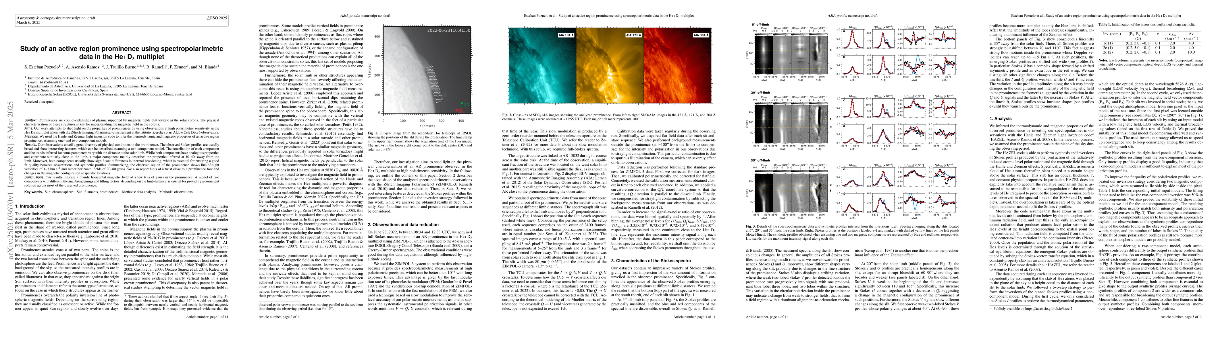Thumbnail for Study of an active region prominence using spectropolarimetric data in
  the He I D3 multiplet
