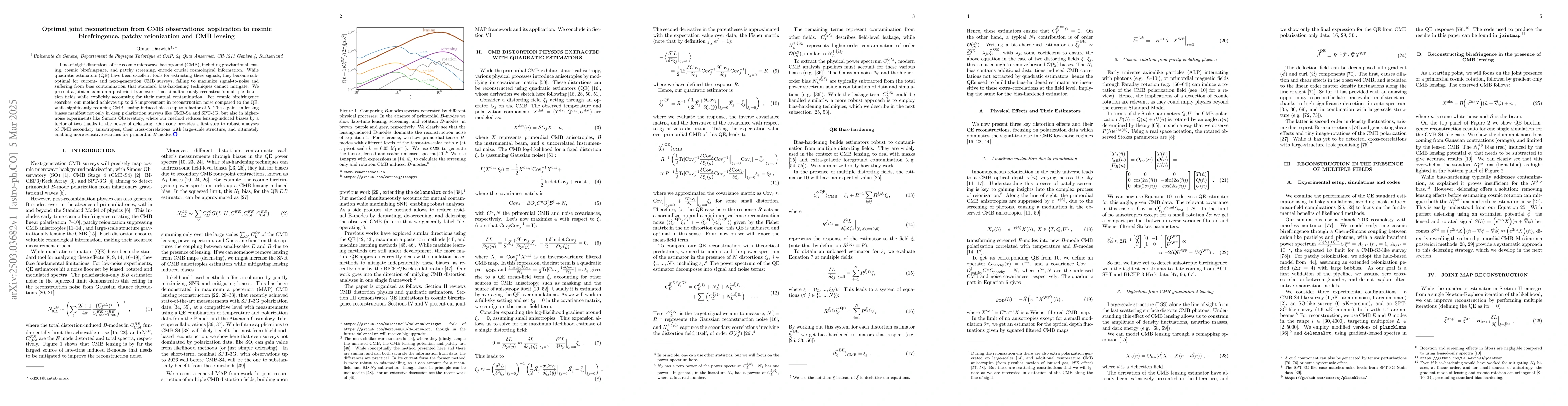 Thumbnail for Optimal joint reconstruction from CMB observations: application to
  cosmic birefringence, patchy reionization and CMB lensing