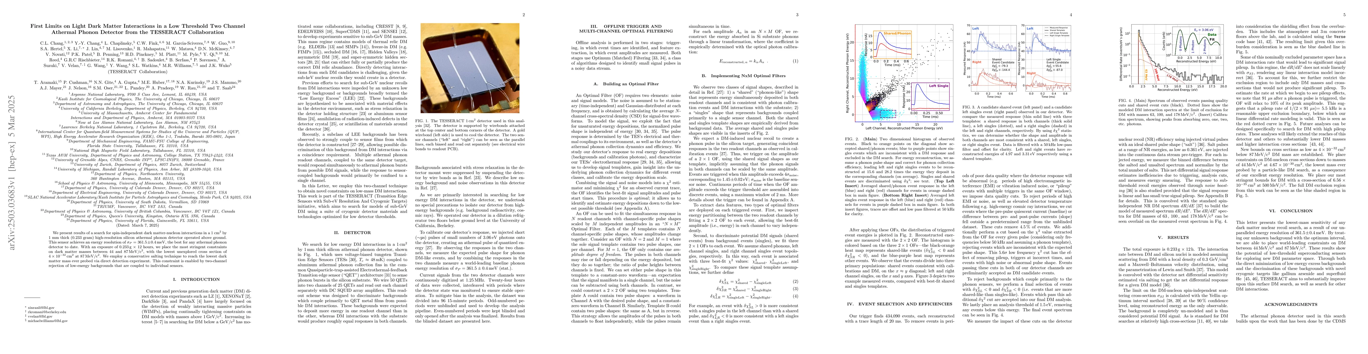Thumbnail for First Limits on Light Dark Matter Interactions in a Low Threshold Two
  Channel Athermal Phonon Detector from the TESSERACT Collaboration
