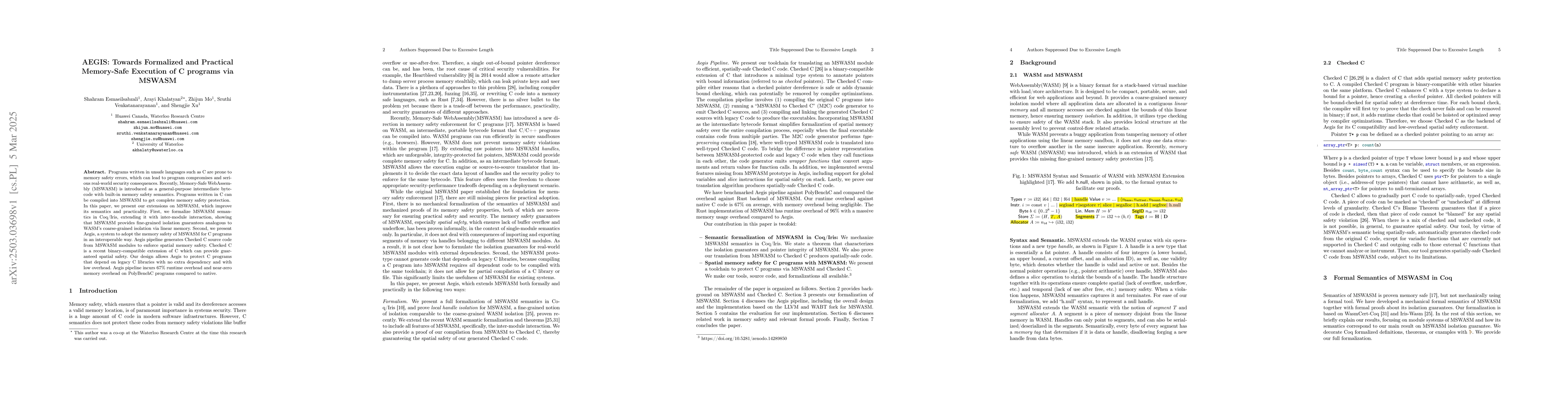 Thumbnail for AEGIS: Towards Formalized and Practical Memory-Safe Execution of C
  programs via MSWASM