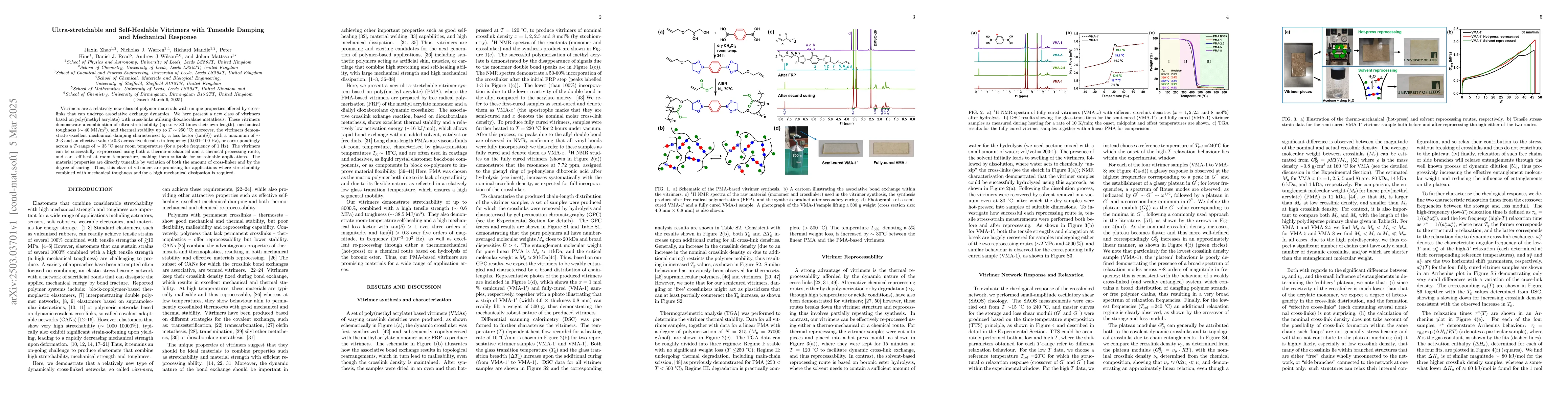 Thumbnail for Ultra-stretchable and Self-Healable Vitrimers with Tuneable Damping and
  Mechanical Response