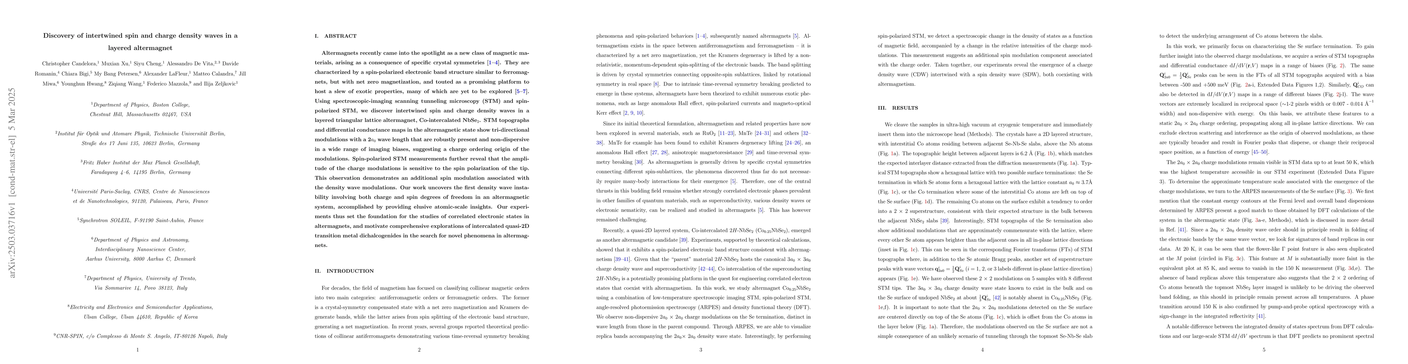 Thumbnail for Discovery of intertwined spin and charge density waves in a layered
  altermagnet