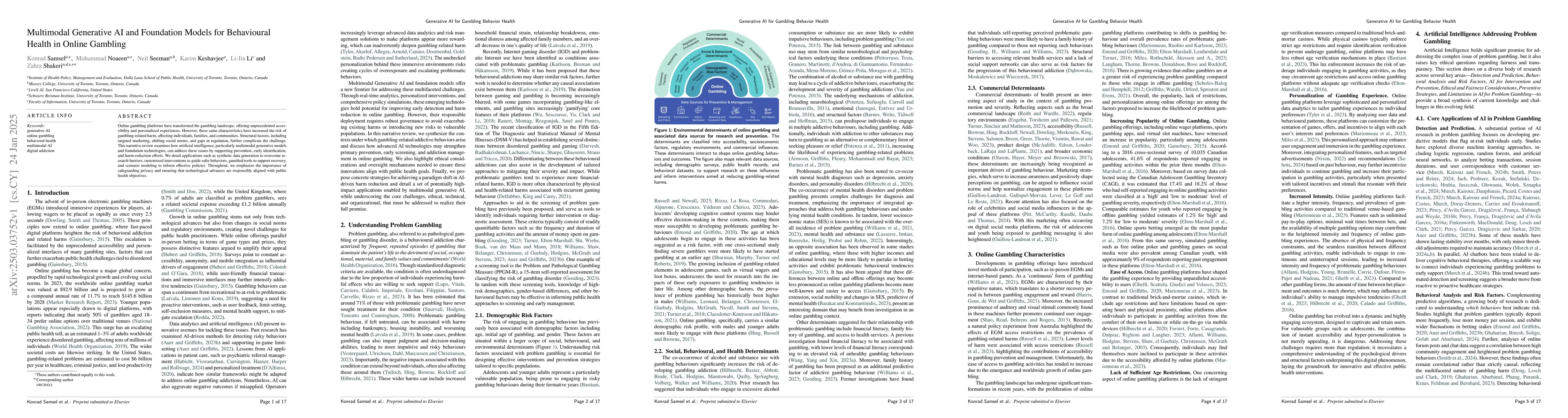 Thumbnail for Multimodal Generative AI and Foundation Models for Behavioural Health in
  Online Gambling