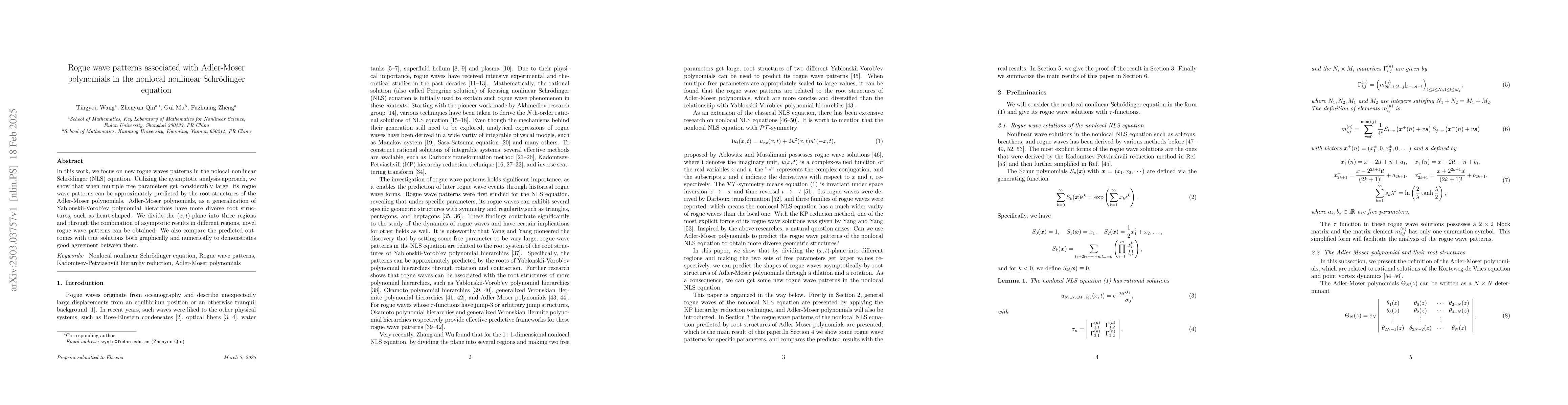 Thumbnail for Rogue wave patterns associated with Adler Moser polynomials in the
  nonlocal nonlinear Schrodinger equation