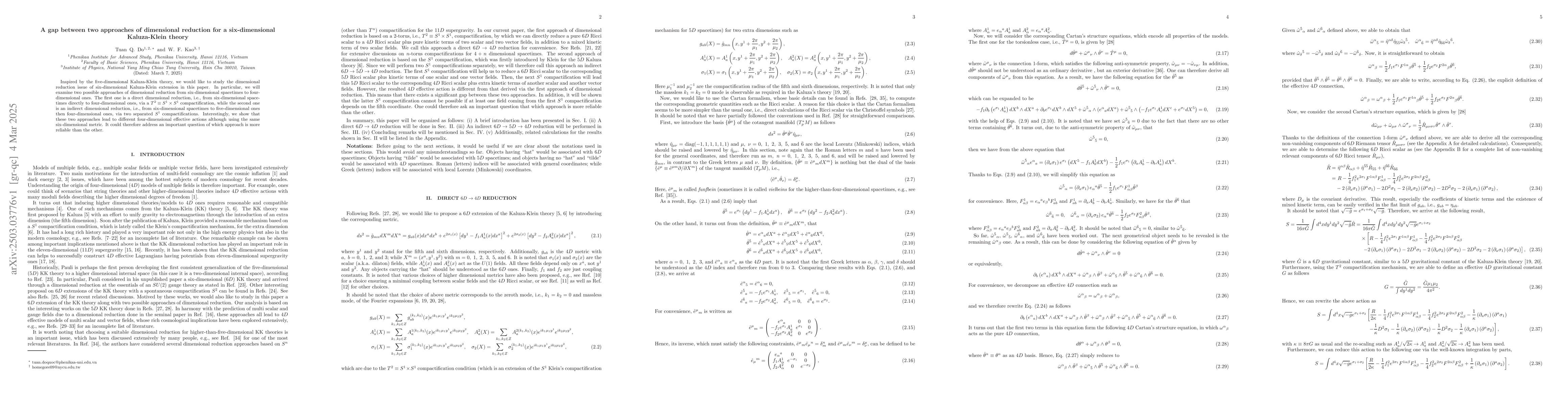 Thumbnail for A gap between two approaches of dimensional reduction for a
  six-dimensional Kaluza-Klein theory