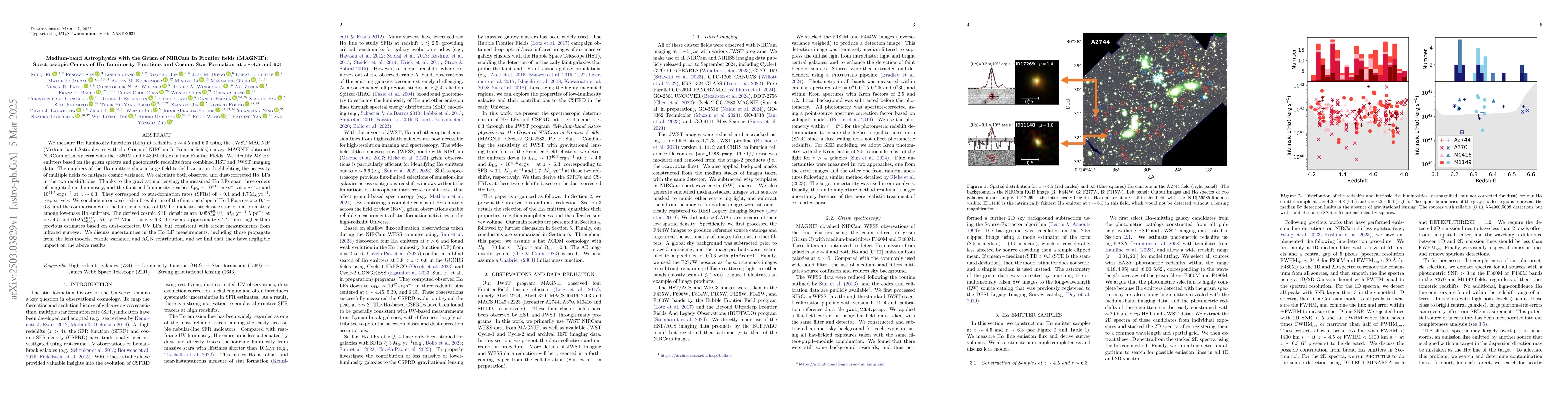 Thumbnail for Medium-band Astrophysics with the Grism of NIRCam In Frontier fields
  (MAGNIF): Spectroscopic Census of H$α$ Luminosity Functions and Cosmic
  Star Formation at $z\sim 4.5$ and 6.3