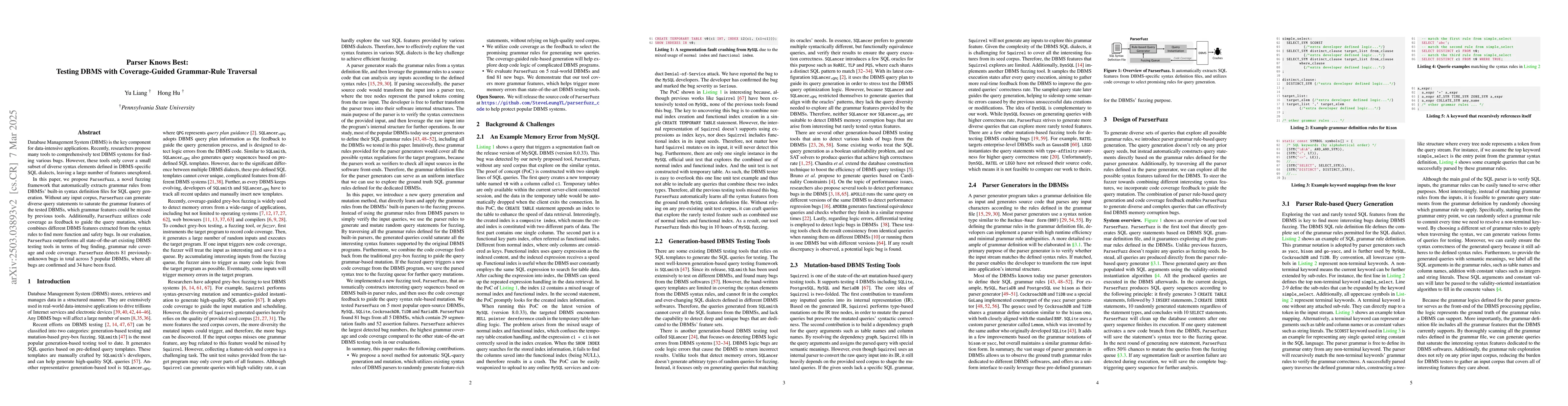 Thumbnail for Parser Knows Best: Testing DBMS with Coverage-Guided Grammar-Rule
  Traversal
