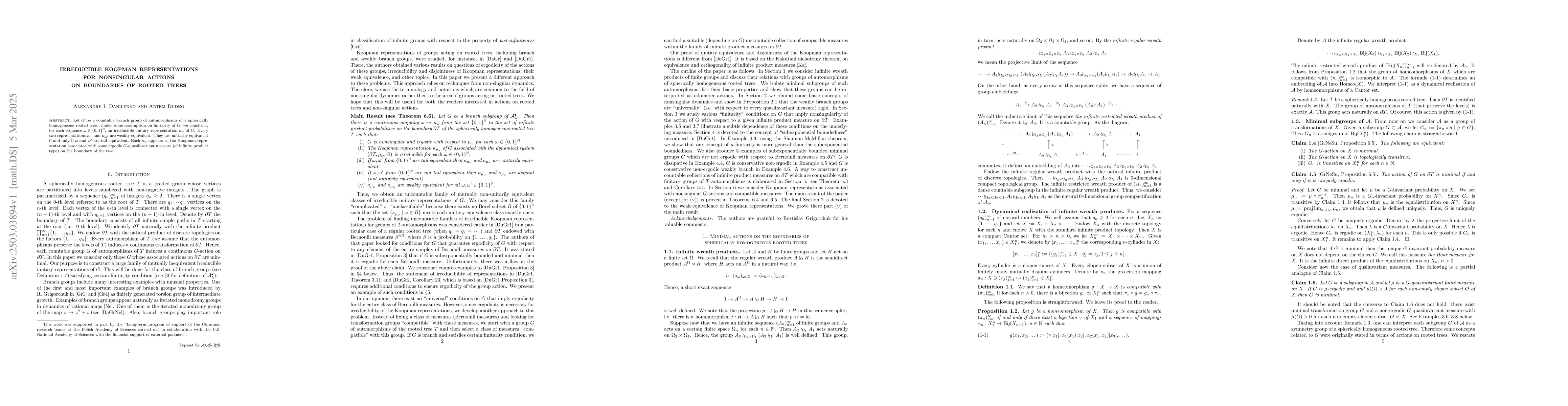 Thumbnail for Irreducible Koopman representations for nonsingular actions on
  boundaries of rooted trees