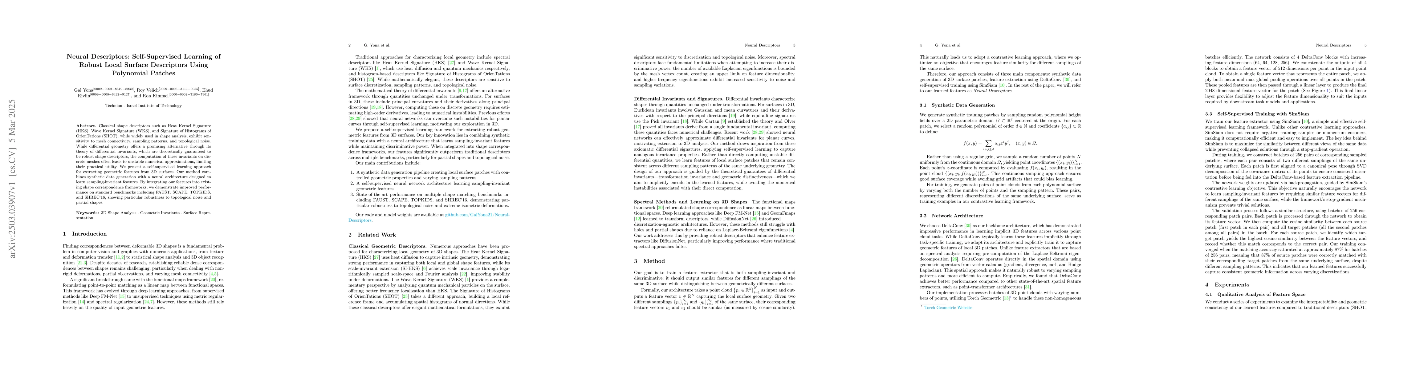 Thumbnail for Neural Descriptors: Self-Supervised Learning of Robust Local Surface
  Descriptors Using Polynomial Patches