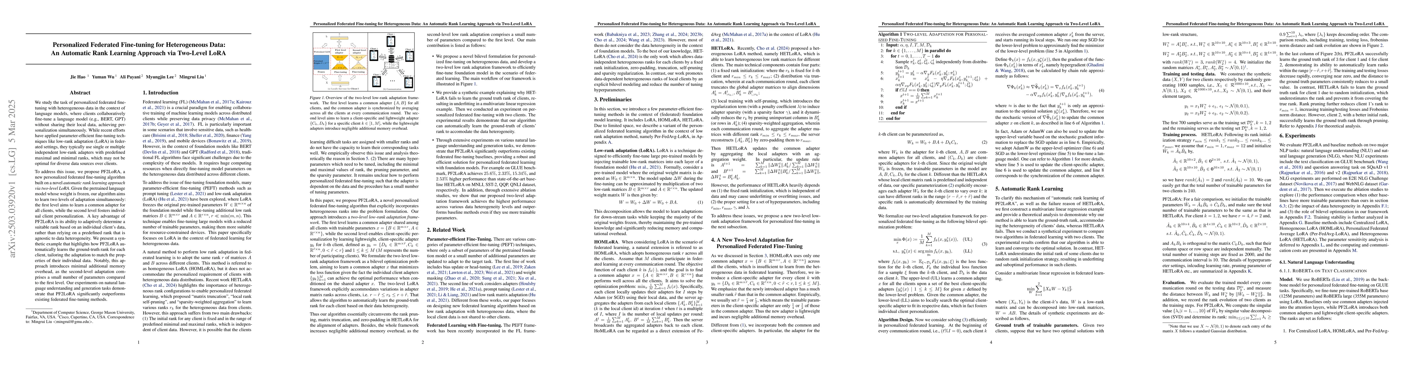 Thumbnail for Personalized Federated Fine-tuning for Heterogeneous Data: An Automatic
  Rank Learning Approach via Two-Level LoRA