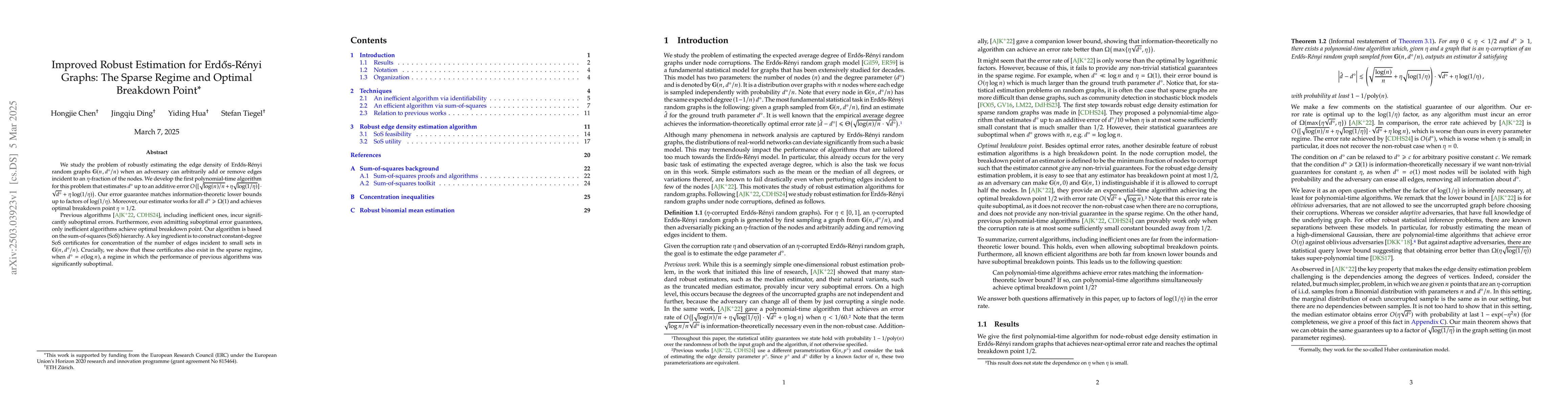 Thumbnail for Improved Robust Estimation for Erdős-Rényi Graphs: The Sparse
  Regime and Optimal Breakdown Point