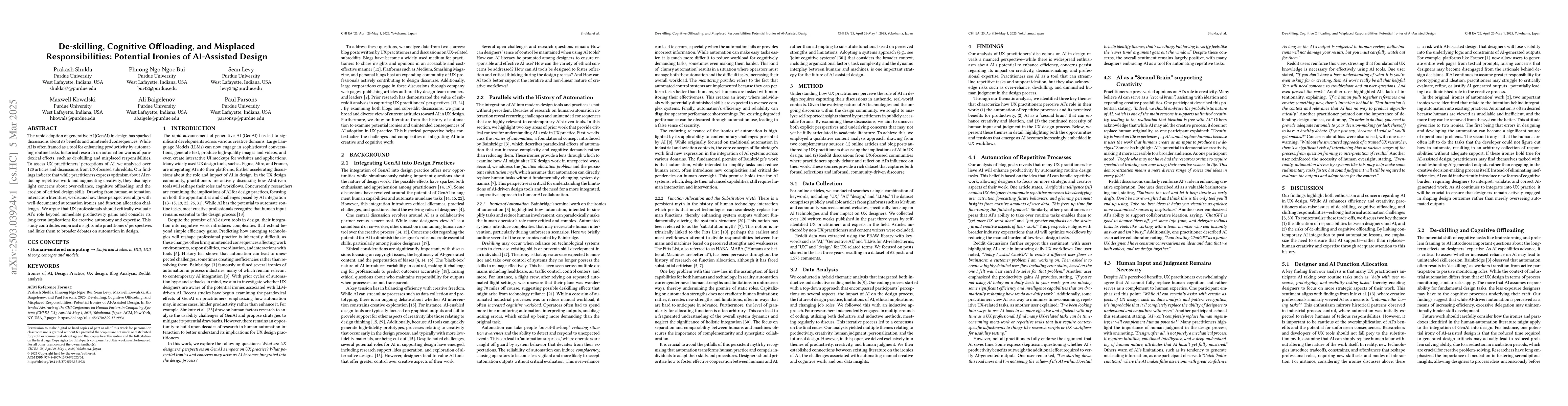 Thumbnail for De-skilling, Cognitive Offloading, and Misplaced Responsibilities:
  Potential Ironies of AI-Assisted Design