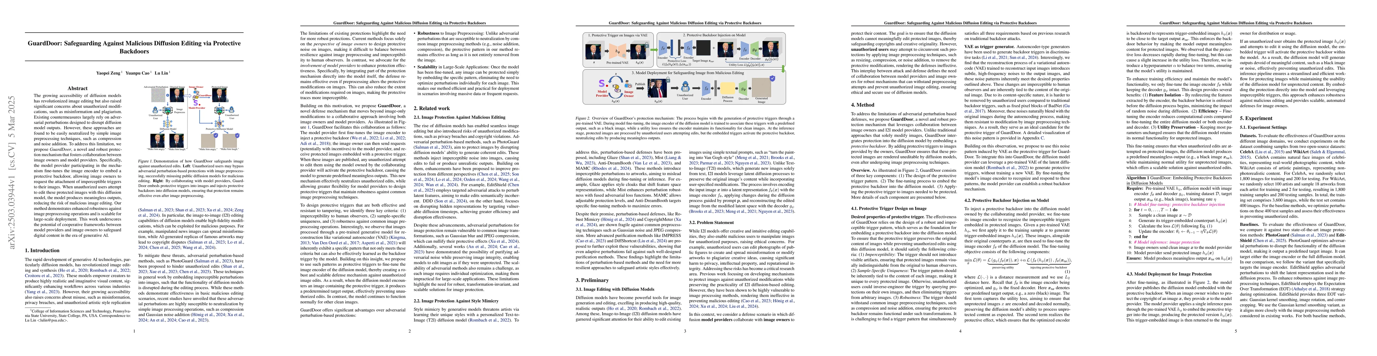Thumbnail for GuardDoor: Safeguarding Against Malicious Diffusion Editing via
  Protective Backdoors