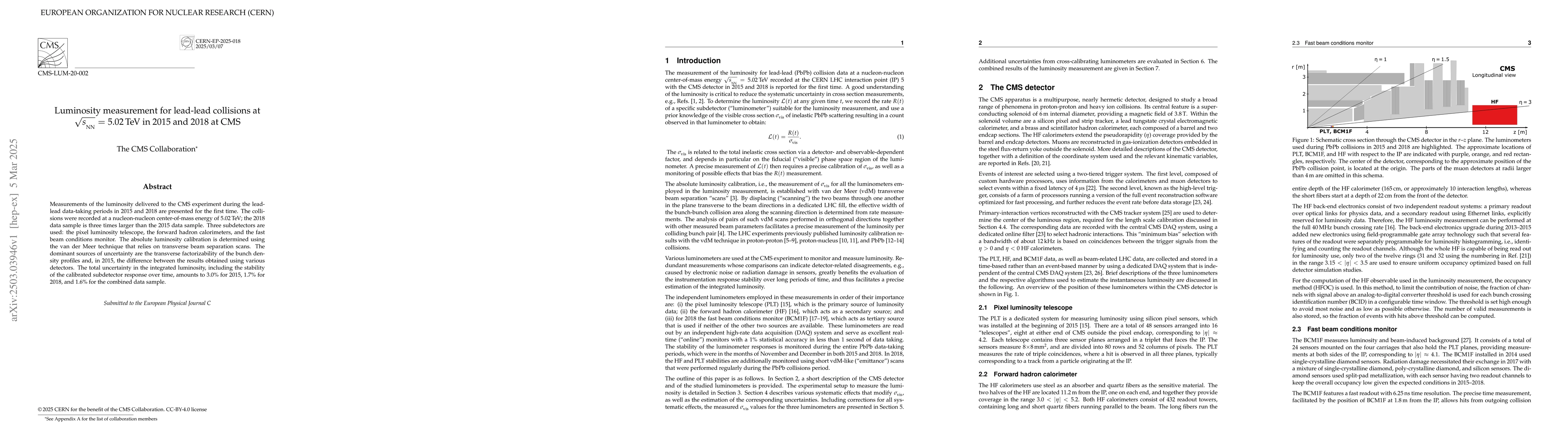 Thumbnail for Luminosity measurement for lead-lead collisions at
  $\sqrt{s_{\mathrm{NN}}}$ = 5.02 TeV in 2015 and 2018 at CMS