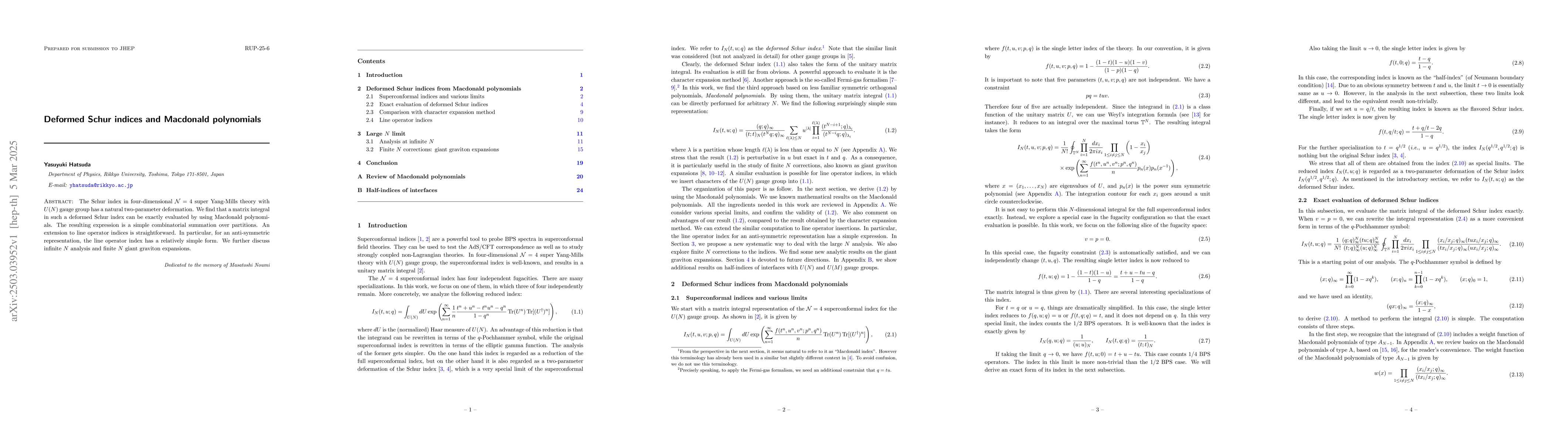 Thumbnail for Deformed Schur indices and Macdonald polynomials