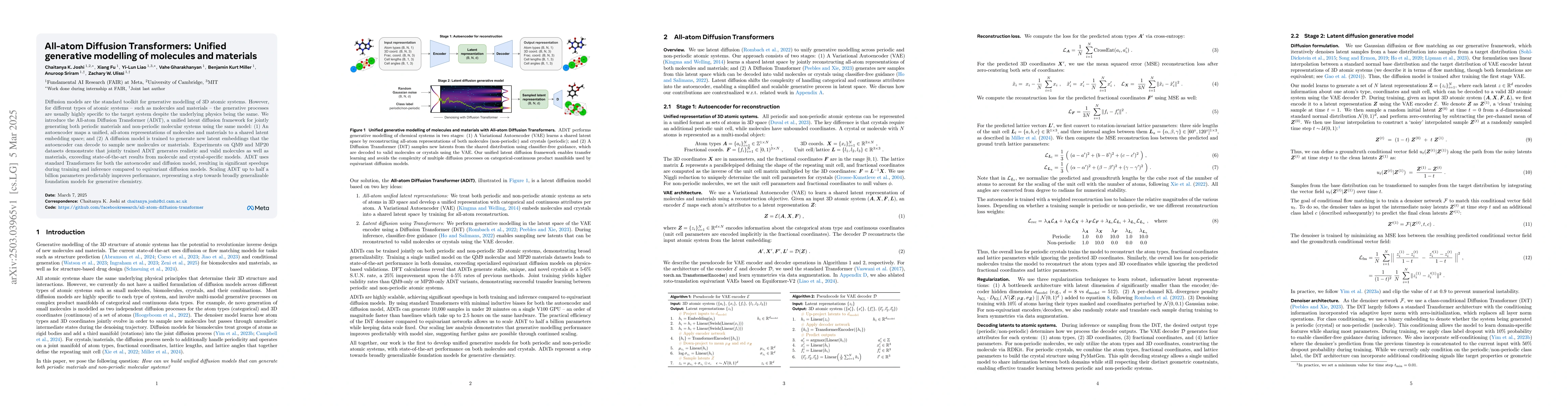 Thumbnail for All-atom Diffusion Transformers: Unified generative modelling of
  molecules and materials