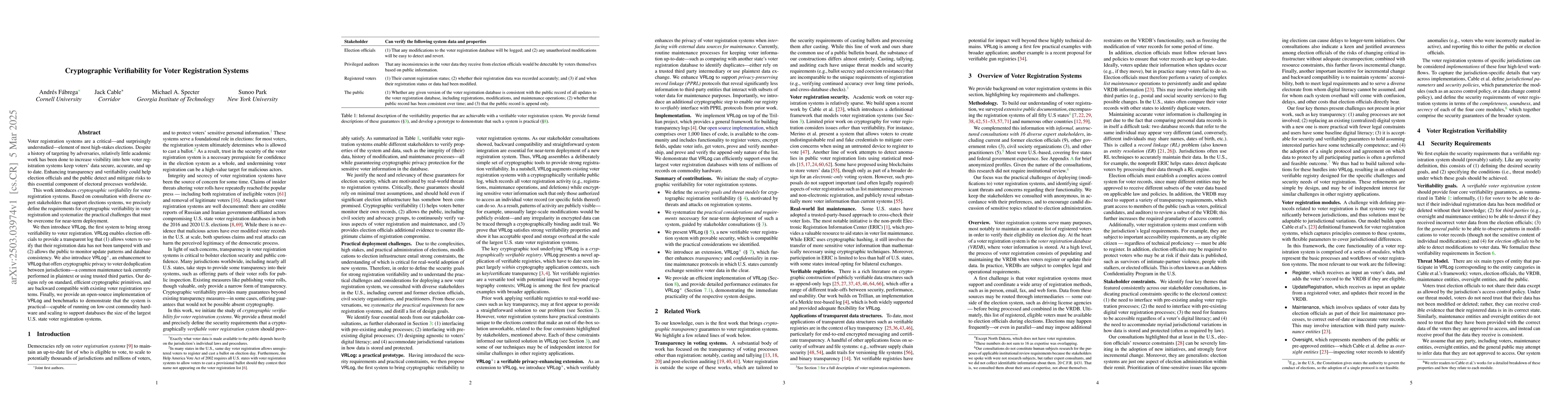 Thumbnail for Cryptographic Verifiability for Voter Registration Systems