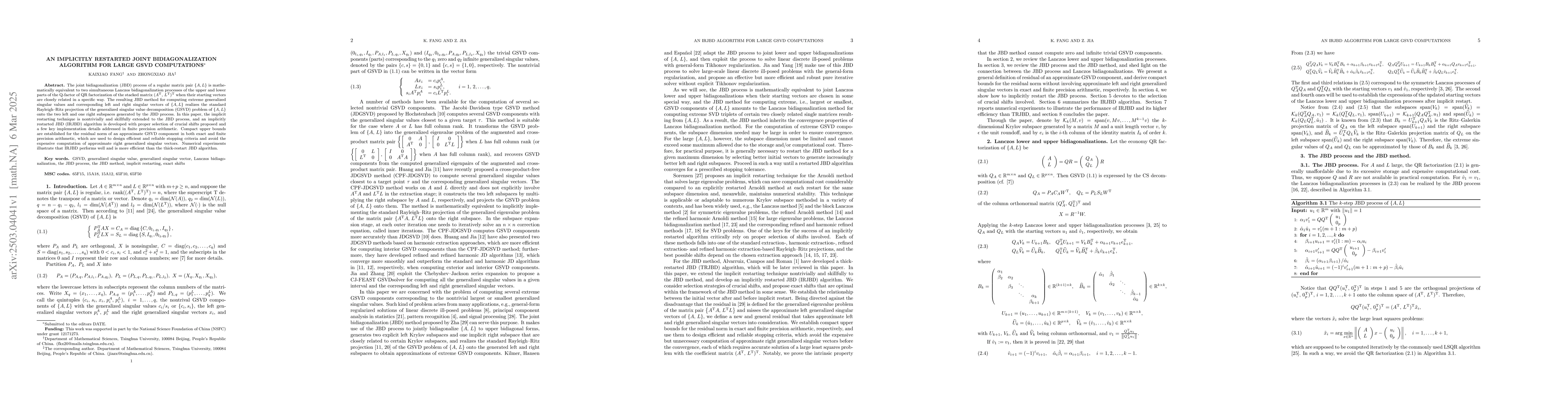 Thumbnail for An Implicitly Restarted Joint Bidiagonalization Algorithm for Large GSVD
  Computations