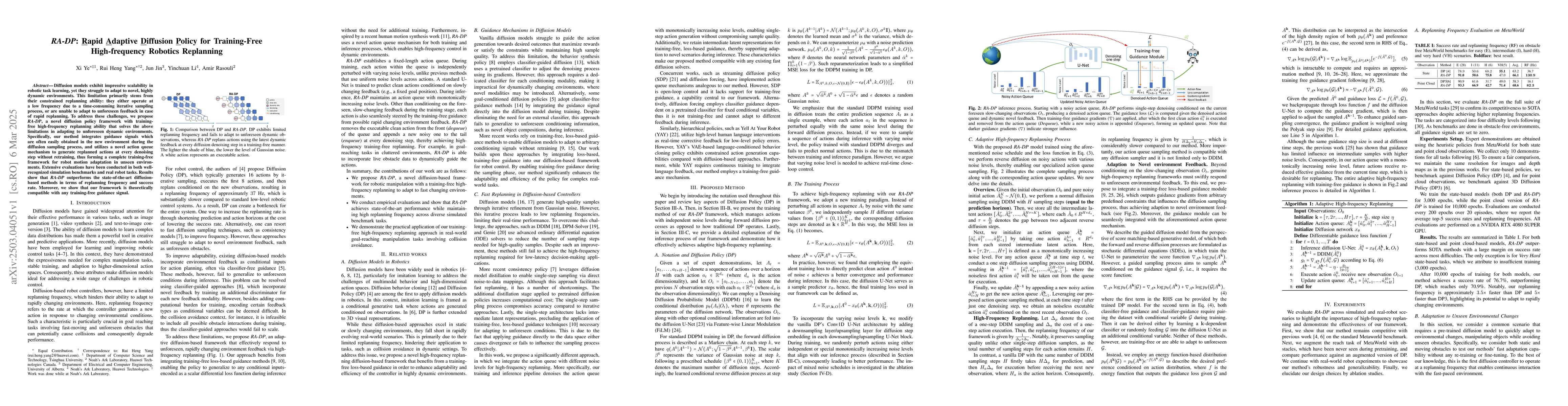 Thumbnail for RA-DP: Rapid Adaptive Diffusion Policy for Training-Free High-frequency
  Robotics Replanning