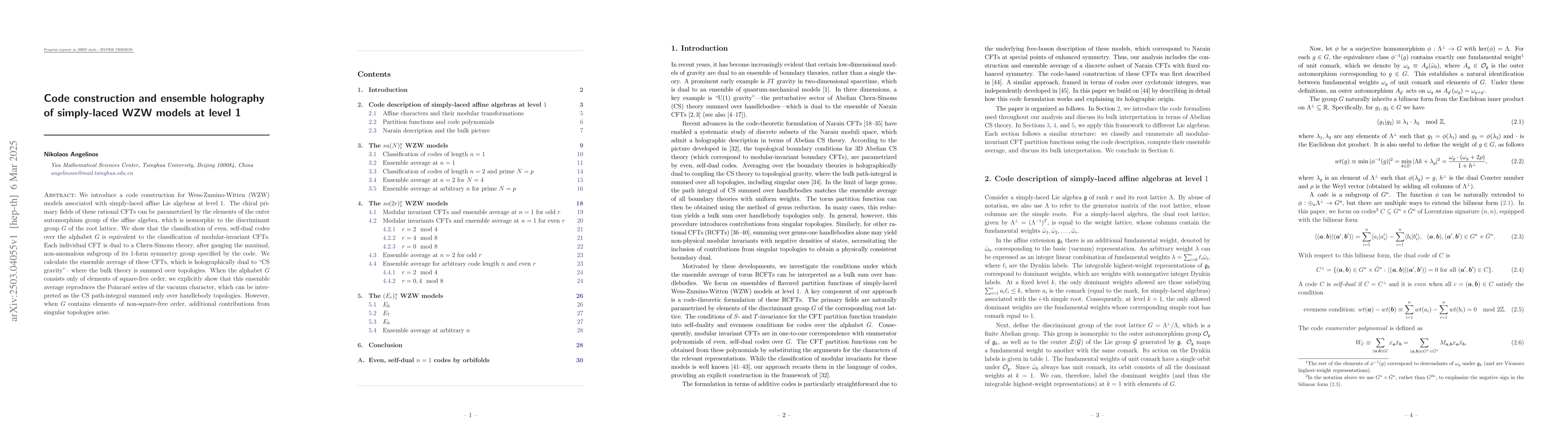 Thumbnail for Code construction and ensemble holography of simply-laced WZW models at
  level 1