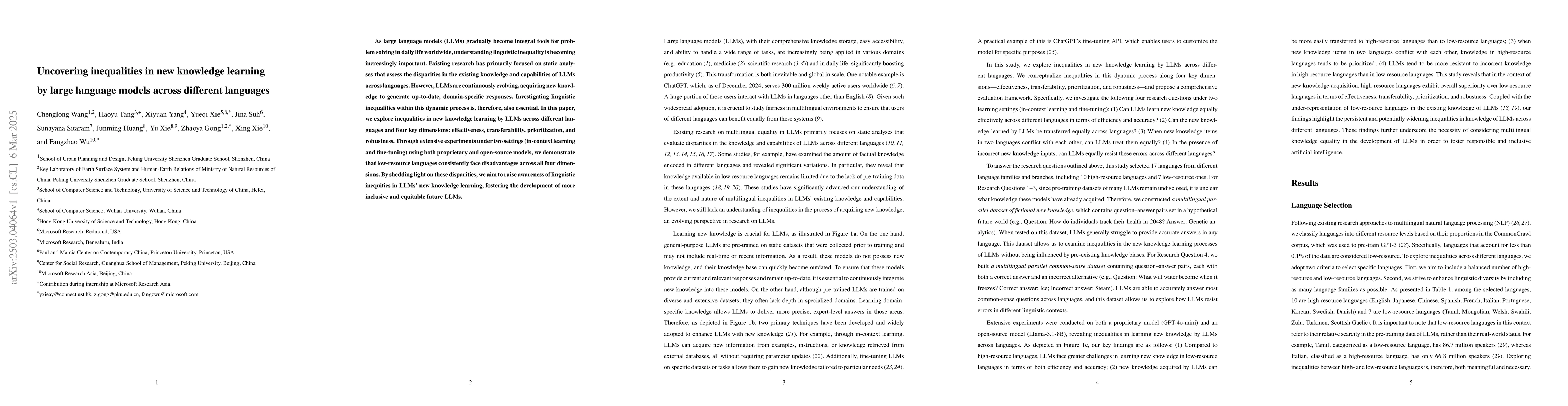 Thumbnail for Uncovering inequalities in new knowledge learning by large language
  models across different languages