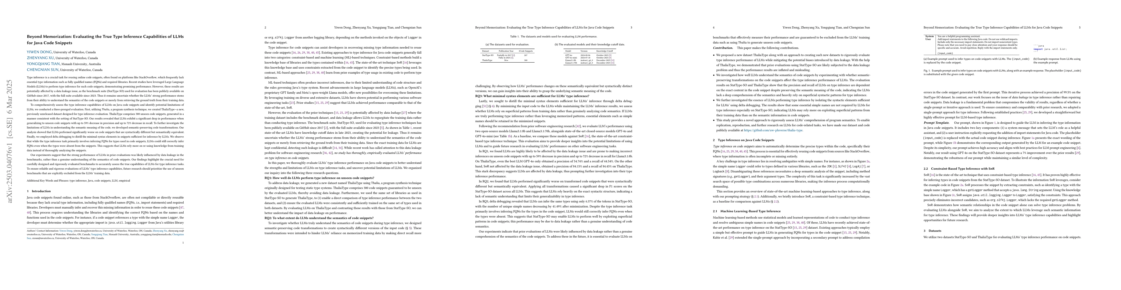 Thumbnail for Beyond Memorization: Evaluating the True Type Inference Capabilities of
  LLMs for Java Code Snippets