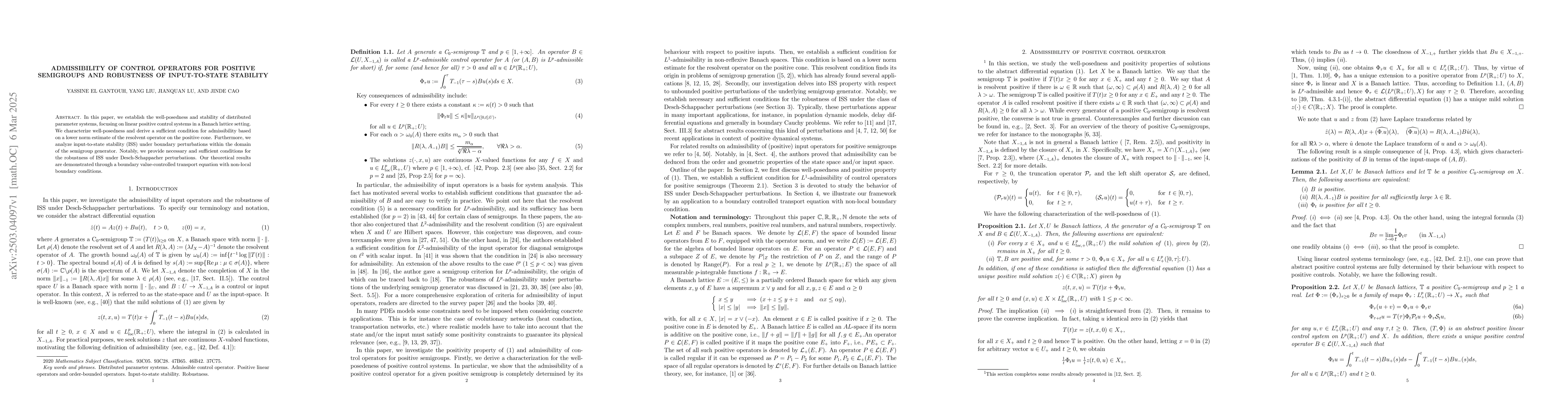 Thumbnail for Admissibility of control operators for positive semigroups and
  robustness of input-to-state stability