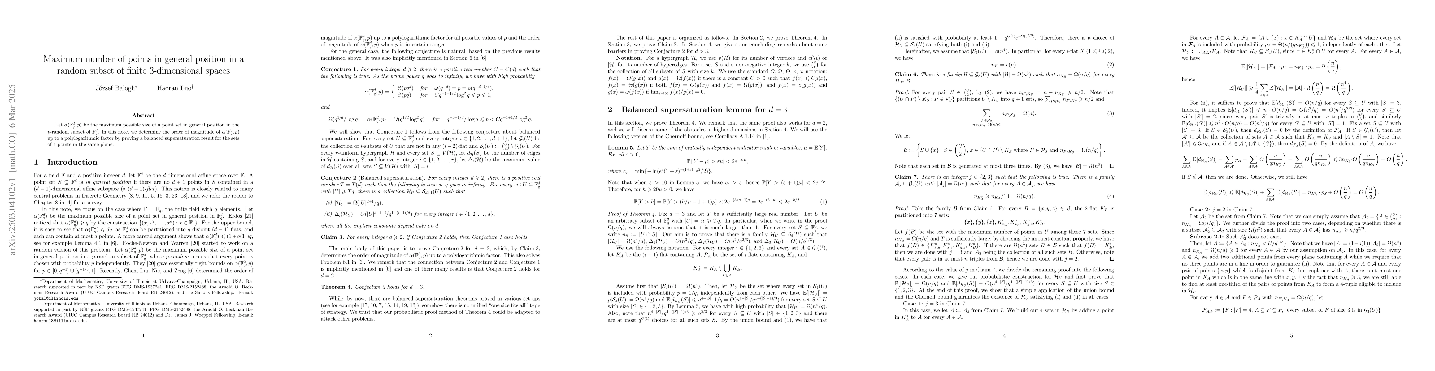 Thumbnail for Maximum number of points in general position in a random subset of
  finite $3$-dimensional spaces