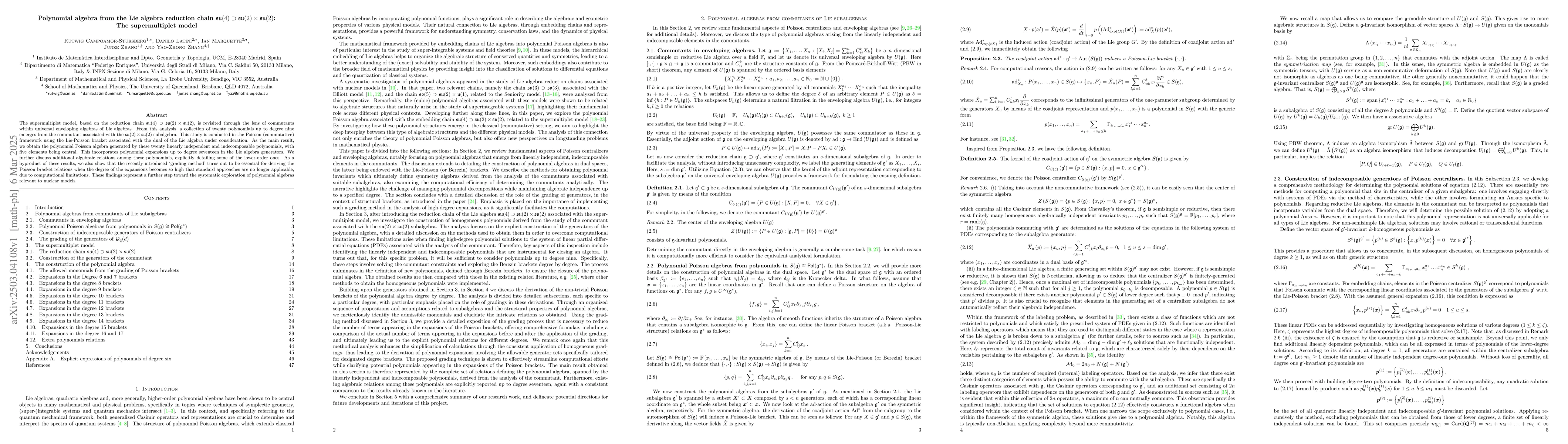 Thumbnail for Polynomial algebra from the Lie algebra reduction chain
  $\mathfrak{su}(4) \supset \mathfrak{su}(2) \times \mathfrak{su}(2)$: The
  supermultiplet model
