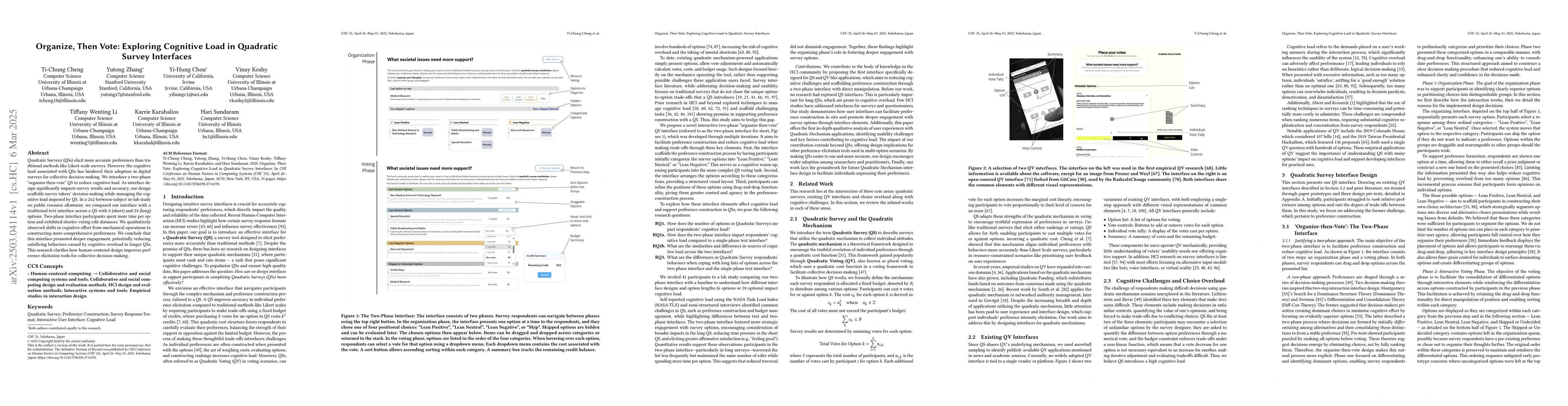 Thumbnail for Organize, Then Vote: Exploring Cognitive Load in Quadratic Survey
  Interfaces