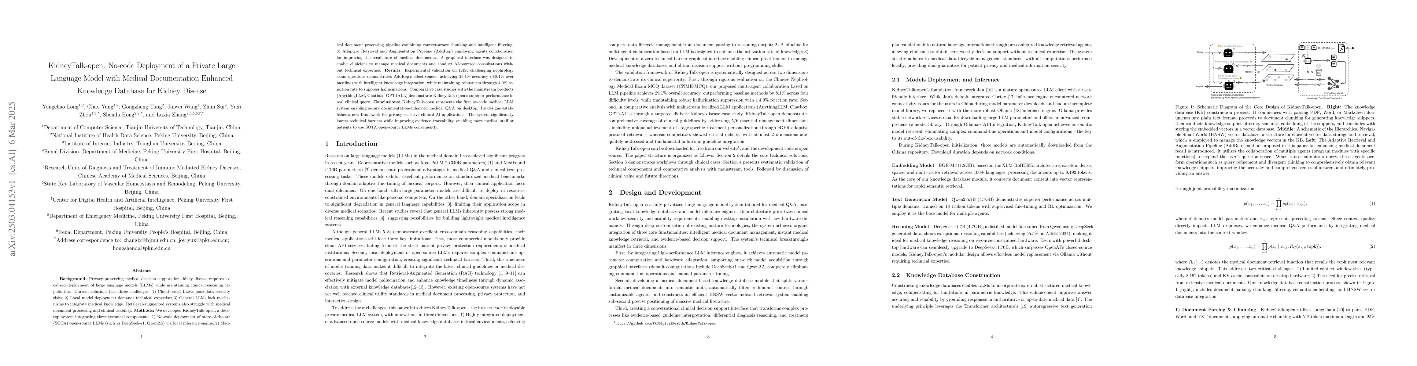 Thumbnail for KidneyTalk-open: No-code Deployment of a Private Large Language Model
  with Medical Documentation-Enhanced Knowledge Database for Kidney Disease