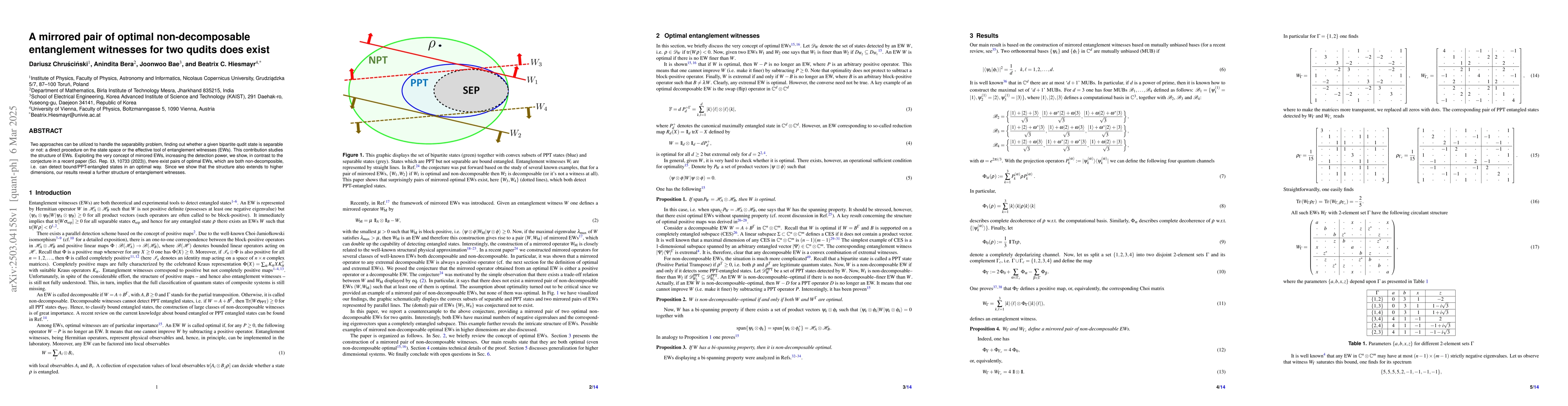 Thumbnail for A mirrored pair of optimal non-decomposable entanglement witnesses for
  two qudits does exist